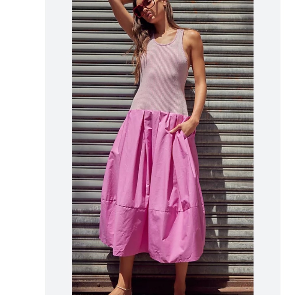NWT Free People Womens Drop Waist Pink Ribbed Knit Poplin Dress Island Flower XL